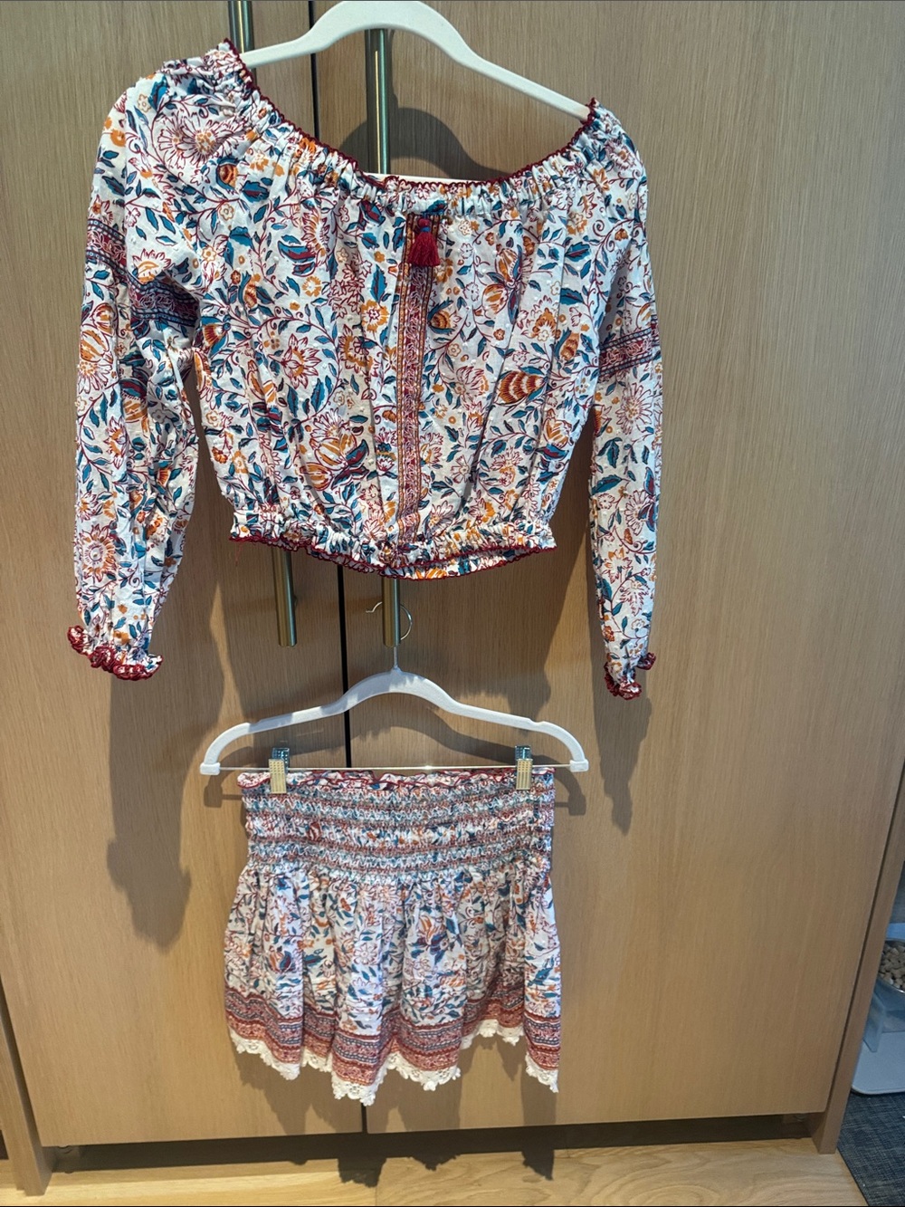 Woman’s Floral Off-Shoulder Top and Skirt Set - White with Multicolor